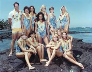 1984 OCC Na Wahine O Ke Kai Front: Sandra Stanley, Kaiulu Downing, Traci Phillips, Kisi Haine, Tiare Finney. Back: Coach Tom Conner, Mary Franco, Lesline Conner, Jeanne Jenkins, Muffer Scully, Mary Mason, Katy Bourne.