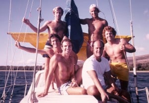 Outrigger's Maui Channel swimmers in the 1976 race were, front,Ian Emberson,  Jim Caldwell, Brent Berk, Jimmy Dean. Back: Harry Huffaker and Fred Haywood.