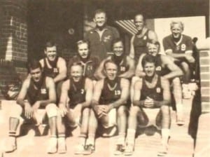 1975 OCC Masters 35 Volleyball Team Front: Fred Hiapo, Bill Baird, Bill Heilbron, Peter Balding.  Middle: Mike McMahon, Dave Hendrickson, Colin Chock, Mark Lawson.  Top: Tom Haine, Fred Noa, Manager Wally Young.