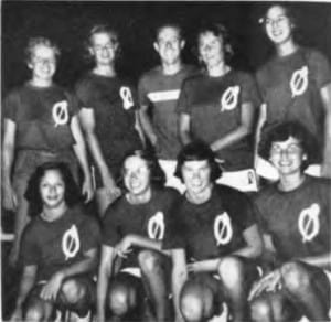 1951 OCC Wahine Volleyball Team Front: May Borthwick, Anita Berg, Anne Ackerman, Barbara Dorsam.  Standing: Pat Barber, Jane Wylie, Coach Jack Ackerman, Eva Hunter and Carol Muirhead.